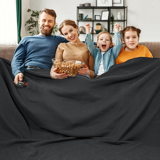 PHF 100% Cotton Waffle Weave Blanket California King Size 120"x 120" - Washed Soft Lightweight Breathable - 10'x10' Oversize Huge Extra Large for Couch Bed Sofa,Aesthetic Room Decor Gift - Black