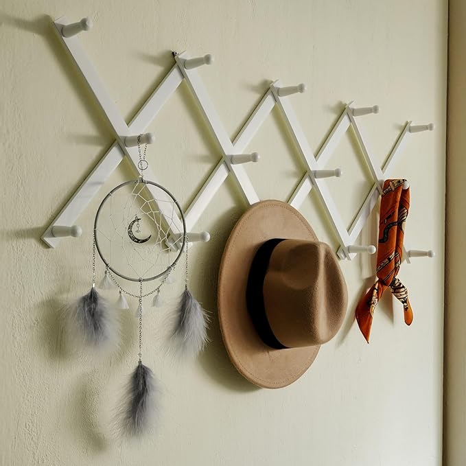 SKOLOO Hat Rack for Wall with 14 Hooks, Solid Wooden, Modern, Expandable Coat Rack Wall Mount for Coats, Hats, Bags, Baseball Caps, White