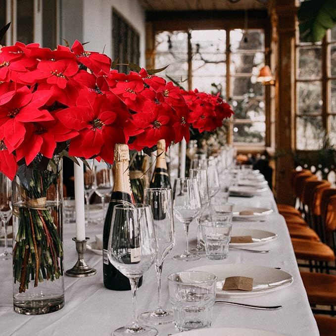 8 Pack Bulk Christmas Artificial Poinsettia Flowers Stem Bouquets Outdoors with 40pcs 8.2 Inch Red Poinsettia Flowers Heads for Christmas Tree, Xmas Garland, Vase, Window Box, Porch Decorations