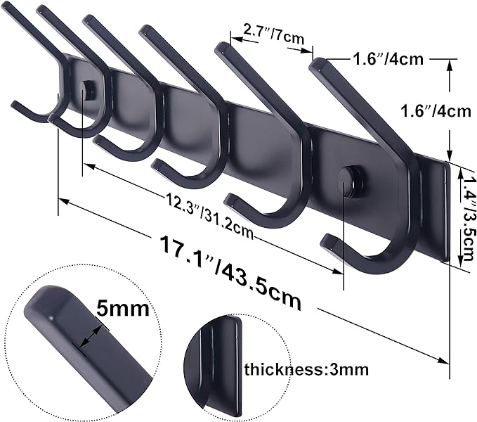 WEBI Coat Rack Wall Mounted,17-1/8 Inch Coat Hooks for Hanging Coats,Heavy Duty Metal Hook Rack Rail with 6 Double Dual Hooks Coat Hanger Wall Mount for Clothes Jacket,Black,2 Packs