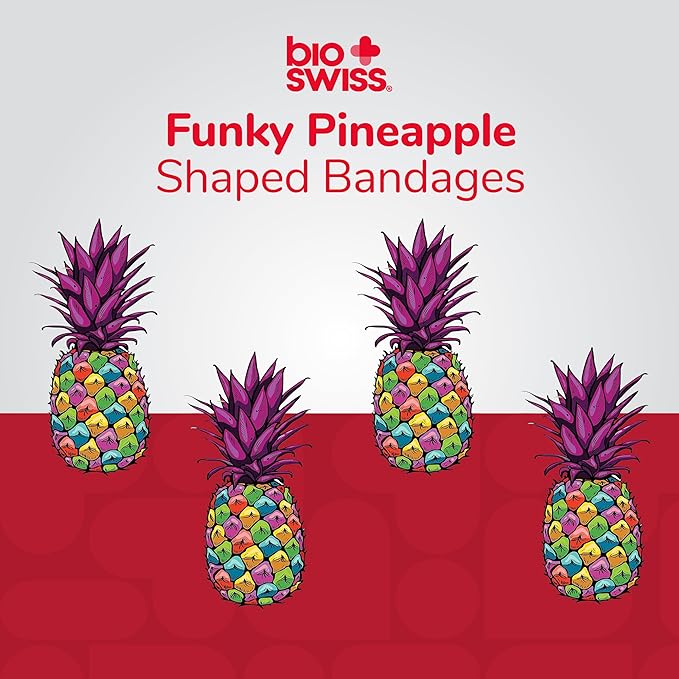 BioSwiss Bandages, Pineapple Shaped Self Adhesive Bandage, Latex Free Sterile Wound Care, Fun First Aid Kit Supplies for Kids, 50 Count