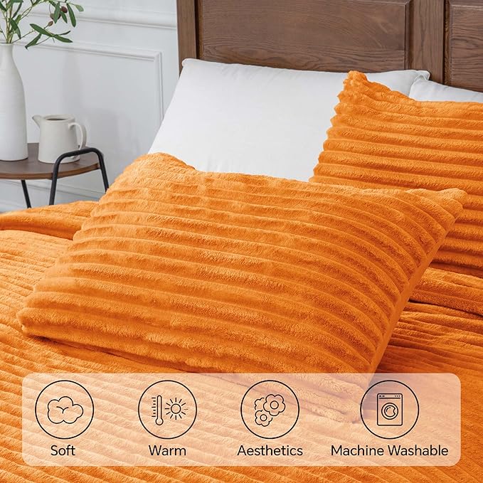 BEDELITE Fleece Queen Comforter Set -Super Soft & Warm Fluffy Burnt Orange Bedding, Luxury Fuzzy Heavy Bed Set for Winter with 2 Pillow Cases