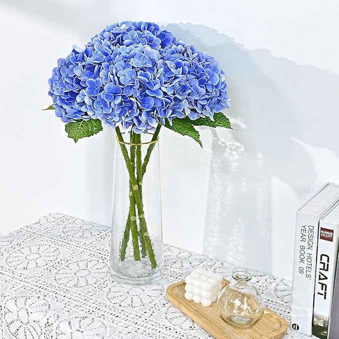 Waipfaru 21" Real Touch Dark Blue Hydrangea Artificial Flowers with Long Stem & Leaves, Full Latex Faux Hydrangea Flowers for Home Decor Party Floral Arrangements Wedding Bouquets Centerpieces, 4Pcs