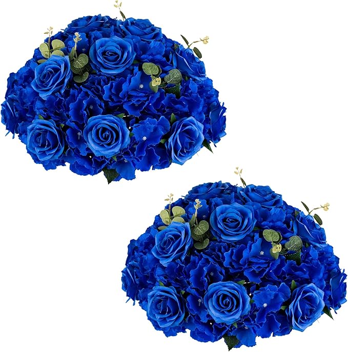 NUPTIO Artificial Flower Centrepieces for Tables - 2 Pcs Large Fake Flowers Roses Balls 15.7 inch Diam - Royal Blue Silk Faux Rose Arrangement Bouquet for Wedding Party Centerpiece Table Decorations