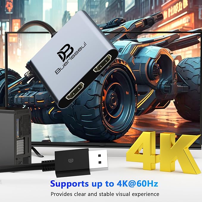 DisplayPort to Dual HDMI Adapter 4K@60Hz, DisplayPort Splitter for Dual HDMI Monitors, Supports Extended Display SST/MST Hub, DP Splitter 1 in 2 Out for PC, Desktop, NVIDIA/AMD Graphics Card