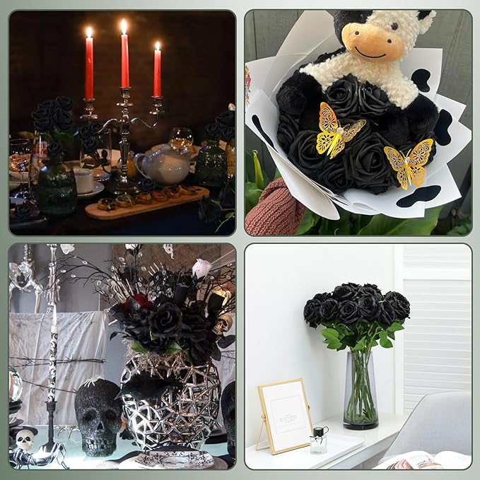 Black Roses Artificial Flowers 50 Pack in Bulk, Fake Roses Flowers Realistic Roses for Halloween Gothic Wedding Home Party Decoration Event Gift (Black)
