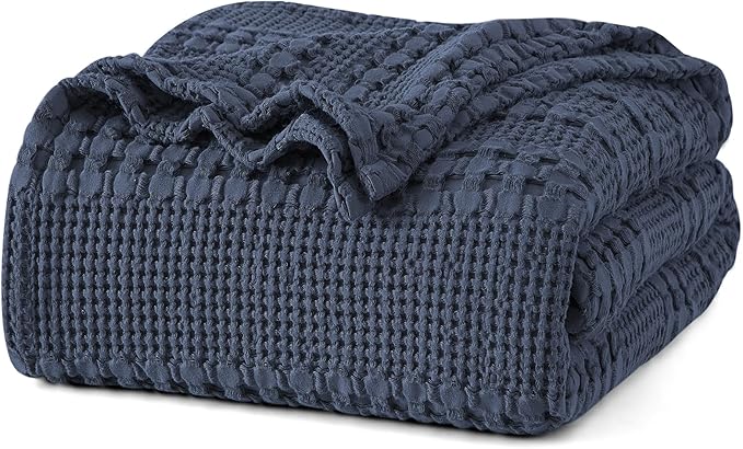 PHF 100% Cotton Waffle Weave Blanket Twin Size for Bed, Soft Lightweight & Breathable, All-Season Comfort, Luxury Aesthetic Woven Bedding for Home Decor, 66"x90", Indigo
