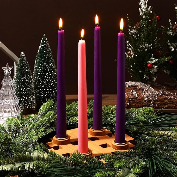 Mumufy 5 Pcs Advent Candle Holder Set Christmas Centerpiece Religious Decorations Snowflake Shape Wooden Advent Candlestick Holders with Purple Pink Taper Candles for Thanksgiving Christmas Nativity