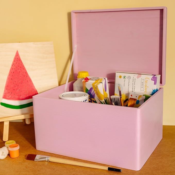 Large Pink Wooden Box Storage with Hinged Lid | 15.8 x 11.8 x 9.44 inches (+-0.5) | Gift Box Storage Document | Wood Keepsake Chest Product NOT Intended for 15 Years OR Below