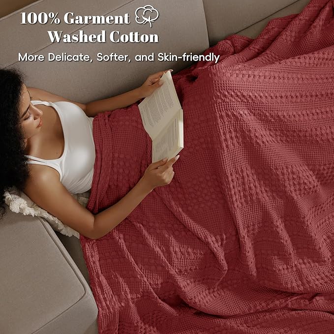 PHF 100% Cotton Waffle Weave Blanket Queen Size for Bed, Soft Lightweight & Breathable, All-Season Comfort, Luxury Aesthetic Woven Bedding for Home Decor, 90"x90", Wine Red