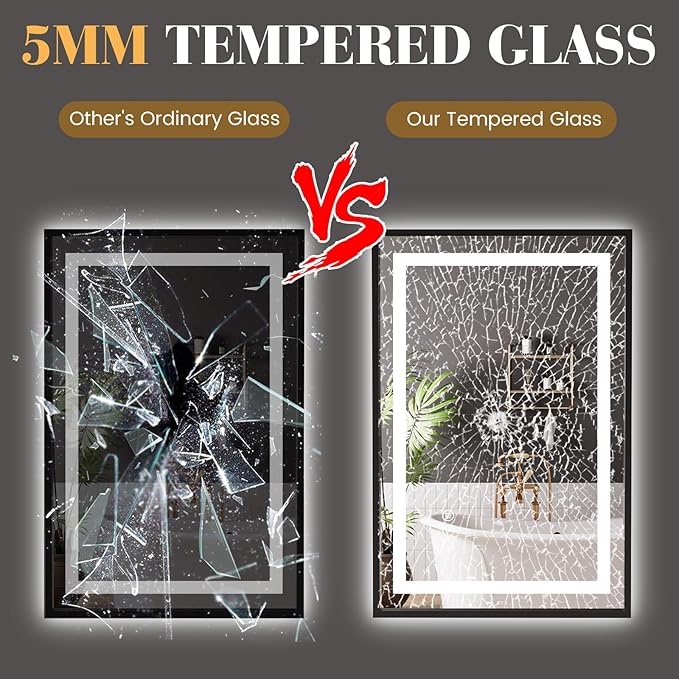 LED Bathroom Mirror,20"x28" Led Mirror with Black Frame, Front Light and Backlit, Stepless Dimmable, Anti-Fog, Shatter-Proof, Memory, 3 Colors, Double LED Vanity Mirror