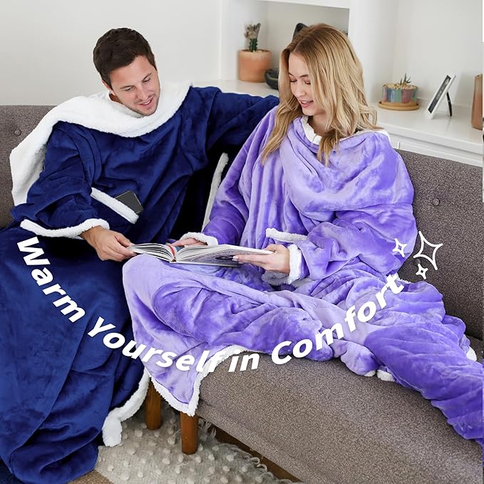 Catalonia Sherpa Wearable Blanket with Sleeves & Foot Pockets for Adult Women Men, Comfy Snuggly Wrap Sleeved Throw Blanket Robe, Gift Idea, Blue