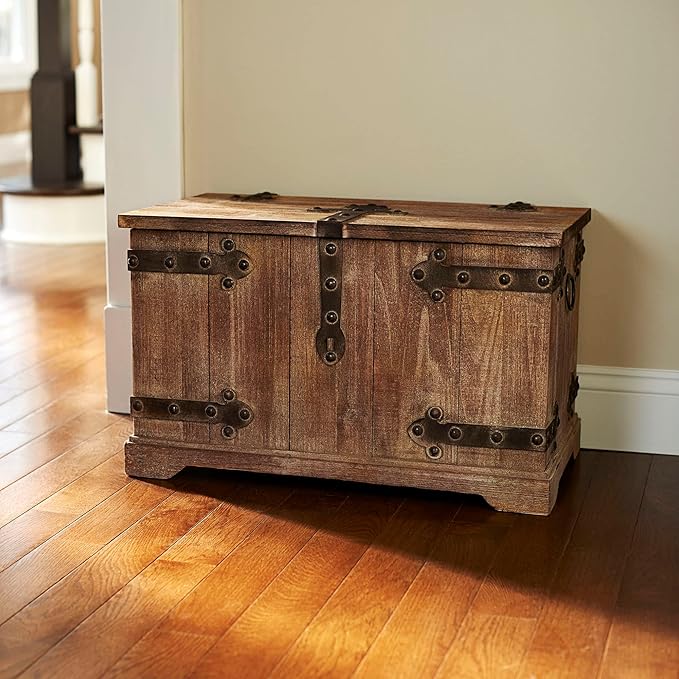 Household Essentials Decorative Trunk, Victorian, Large, Chinese Fir Wood, Aged-Wood Finish with Metal Accents, Fully Opening Lid, Stout Design, Ring Handles