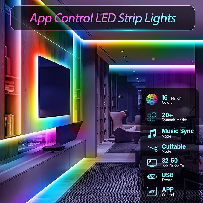 HOUHUI LED Strip Lights for TV, 9.8Ft RGB LED Lights for 32-50in TV Behind, App Control Music Sync Strip Lights IP65 Waterproof with Remote, USB LED Strips Bias Lighting for Bedroom PC Monitor Desk