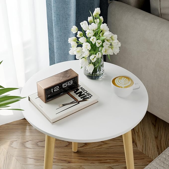 Apicizon Round Side Table Set of 2, White Nightstand Coffee End Table for Living Room, Bedroom, Small Spaces, Modern Home Decor Bedside Table with Natural Wood Legs, 16.5 Inches