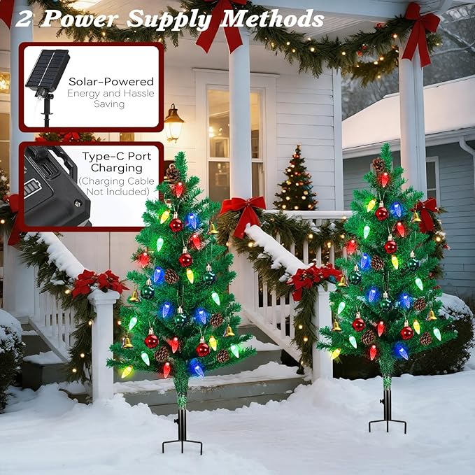 Lewondr Set of 2 Prelit Pathway Christmas Trees, 47.24" Outdoor Xmas Tree with 50 LED Strawberry Lights, Pine Cones Red Green Fruits, Solar and Type-C Powered Xmas Decor with Small Bells for Yard Home