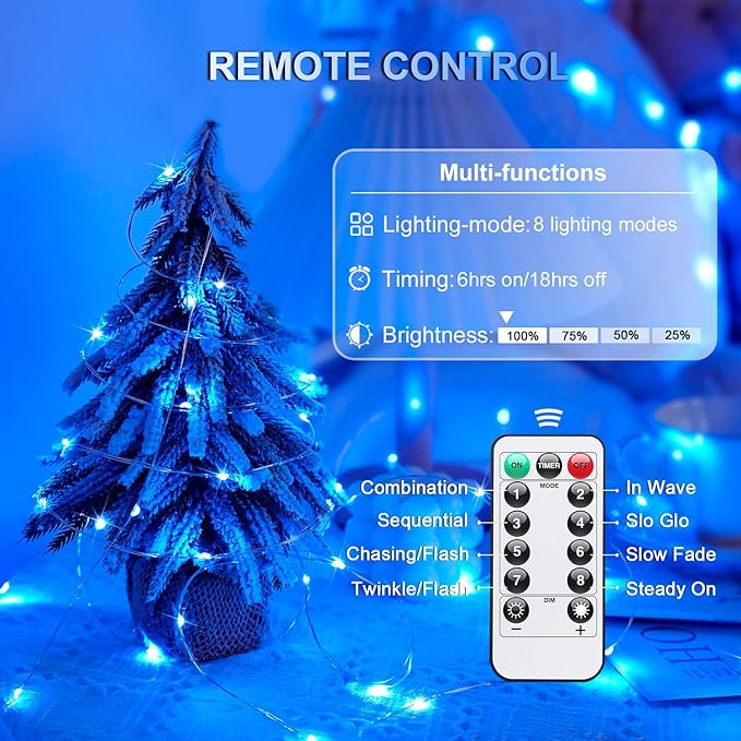 JMEXSUSS 2 Pack Fairy Lights Battery Operated, Total 200 LED 66ft Blue String Lights Waterproof with Remote Timer, Blue Christmas Lights for Bedroom Indoor Outdoor Wedding Party Xmas Tree Decor