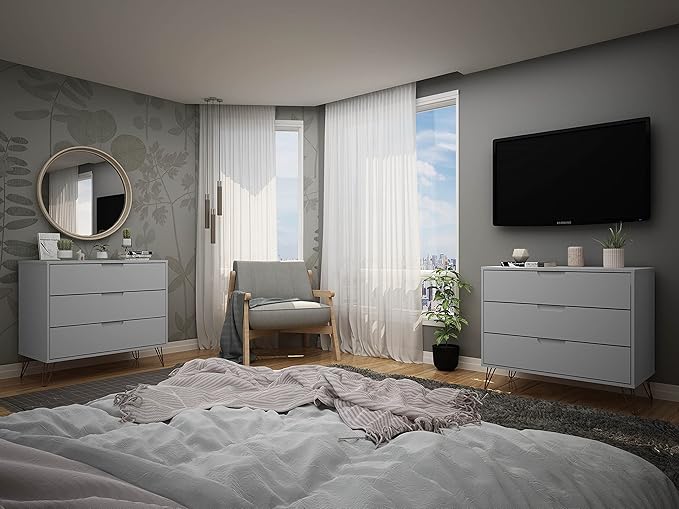 Manhattan Comfort Rockefeller 3 Drawer Dresser for Bedroom Storage, Nursery, Closet, Living Room, Entryway, TV Stand for Screens up to 32 Inches, Anti-Tip Kit Included, Set of 2, White