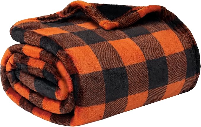 PAVILIA Black and Orange Buffalo Plaid Fleece Throw Blanket for Couch, Soft Halloween Flannel Blanket for Sofa, Orange Checkered Plaid Fall Couch Throw, Warm Cozy Fall Bed Blanket Decor Gift, 50x60
