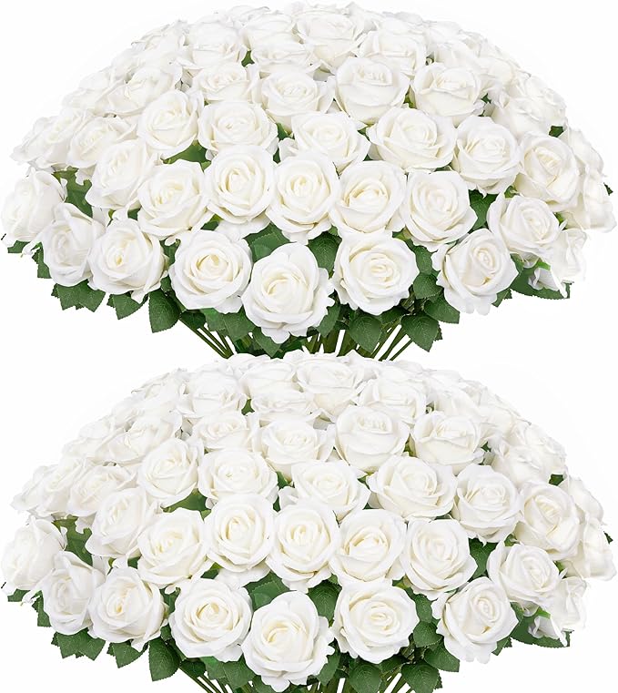 Ouddy Decor 50 Pcs Artificial White Roses Bulk Realistic Silk Roses with Long Stems Fake Roses Flowers for Wedding Bridal Bouquet DIY Table Centerpieces Arrangement Valentines Day Home Decor, White
