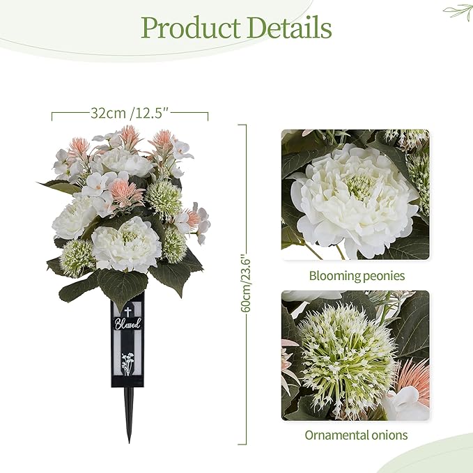 White Artificial Flowers for Cemetery: 2 Pcs Peony Grave Flower Bouquets for Cemetery Decorations - Outdoor Gravesite Flowers with Vase