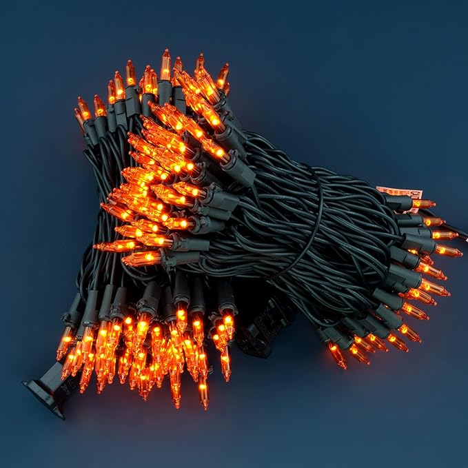 YULETIME Orange String Lights with Black Wire, 66 ft 200 Count UL Certified Christmas Light, Pack of 2 Sets 33 ft 100 Light Set for Halloween Fall Holidays (Orange)