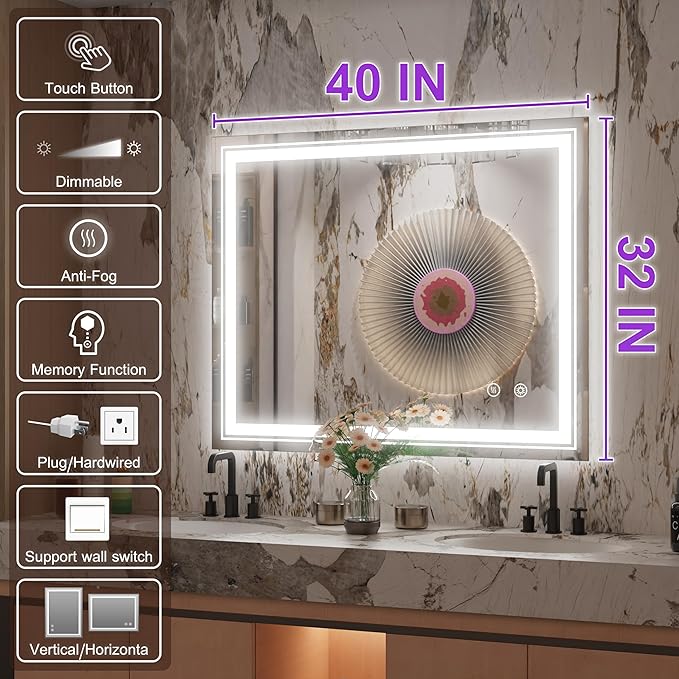 40 x 32 Inch LED Mirror for Bathroom, Wall Mounted Lighted Bathroom Vanity Mirrors, Stepless Dimmable, Memory Funtion, Anti-Fog, 6000K, Shatter-Proof, Horizontal or Vertical