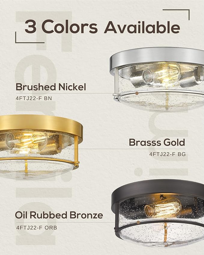 FEMILA 12" Ceiling Light Fixture, 2-Light Flush Mount Light for Bedroom Kitchen Dining Room Hallway Entryway, Brass Gold Finish with Seeded Glass, 4FTJ22-F BG