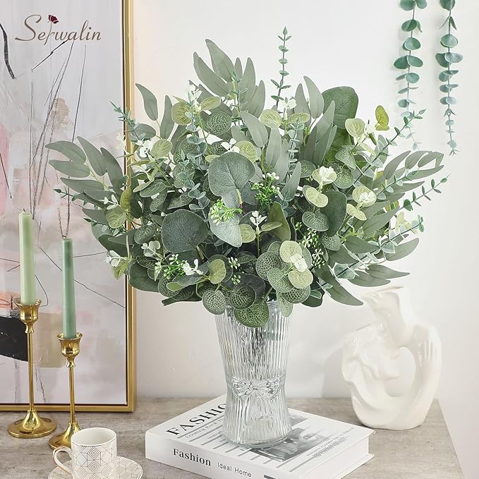 Serwalin 300 pcs Artificial Mixed Eucalyptus Leaves Stems Bulk, 4 Kinds Silver Dollar Eucalyptus Leaves Picks,Faux Greenery Stems Sprays for DIY Bouquets Floral Arrangement Home Decor