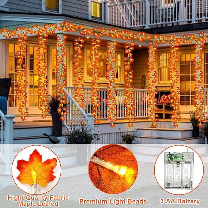 GBD Thanksgiving Decorations-5 Pack Total 50Ft 100LED Fall Garland with Lights Battery Operated Enlarged Maple Leaves Garlands for Fall Decorations for Home Christmas Halloween Indoor Outdoor Decor
