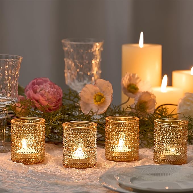 24 Pack Clear Glass Votive Candle Holders, Vintage Candle Holder for Floating Candle, Tealight Candle Holder for Table Centerpieces Home Bridal Shower Birthday Christmas Table Decoration (Amber)