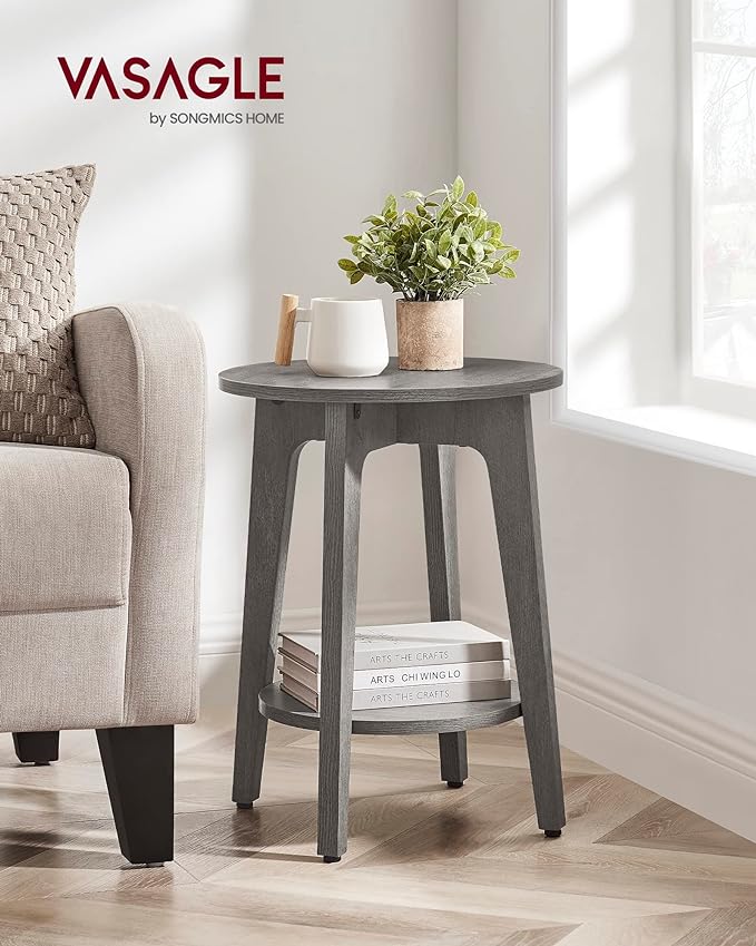 VASAGLE MAEZO Collection - Side Table, 2-Tier Small Round End Table, Nightstand with Tapered Legs, Curved Transitions, for Small Spaces, Living Room, Bedroom, Smoky Gray ULET283T68