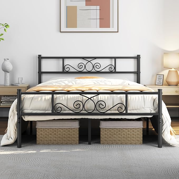 Yaheetech Queen Bed Frames Metal Platform Bed with Headboard&Footboard for Bedrooms/No Box Spring Needed/Easy Assembly/Underbed Space: 12.6’’/Black Queen Bed