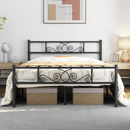 Yaheetech Queen Bed Frames Metal Platform Bed with Headboard&Footboard for Bedrooms/No Box Spring Needed/Easy Assembly/Underbed Space: 12.6’’/Black Queen Bed