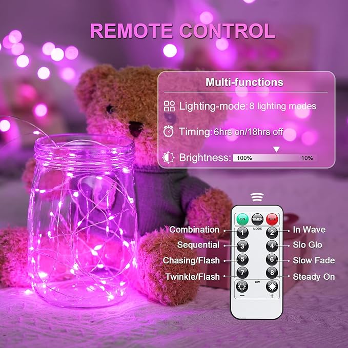 JMEXSUSS 2 Pack Pink Fairy Lights Battery Operated, Total 400 LED 132ft Christmas Twinkle String Lights with Remote, 8 Modes Pink Lights for Christmas Valentine's Day Indoor Bedroom Birthday Decor