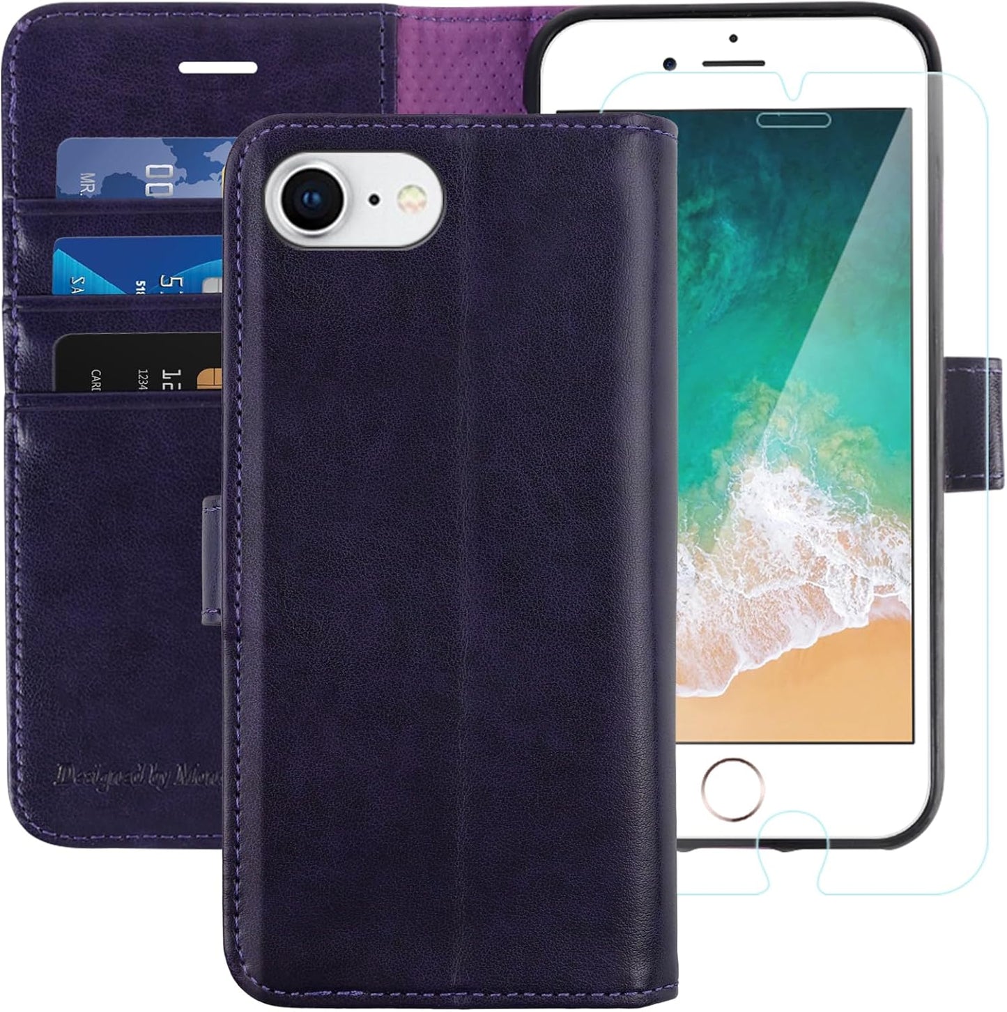 MONASAY Case for iPhone SE 2022/2020 5G, iPhone 7/8 Wallet Case, 4.7-inch, Purple with Glass Protector