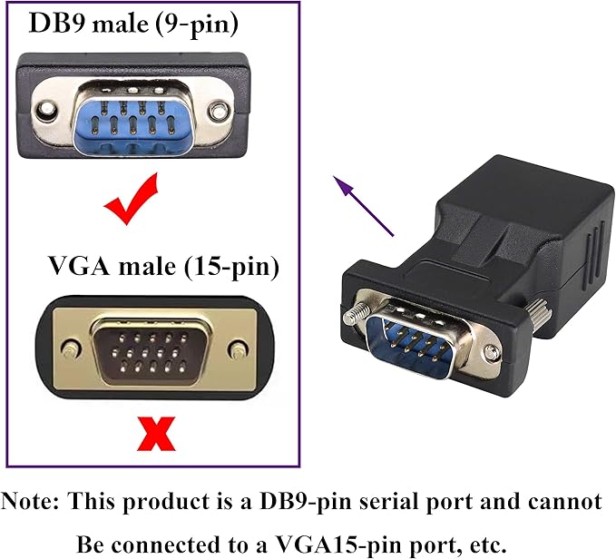 AOTOKK RJ45 to DB9 RS232 Adapter 9-Pin Serial Port RS232 Male to RJ45 Female CAT5 CAT6 Ethernet LAN Extend Converter, Network to DB9 Serial Port Coupler Extender Adapter (2 Pack-Male)