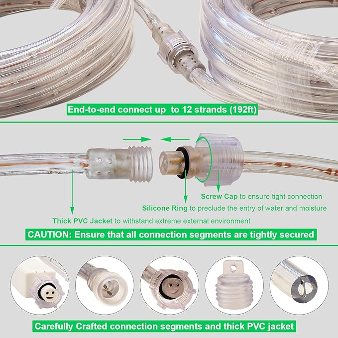 Green Rope Lights,16ft Waterproof, Connectable and Flexible LED Strip Lights with Advanced LEDs and Crystal-Clear Thick PVC Jacket, High Brightness, Great for Deck Pergola Handrail Bedroom