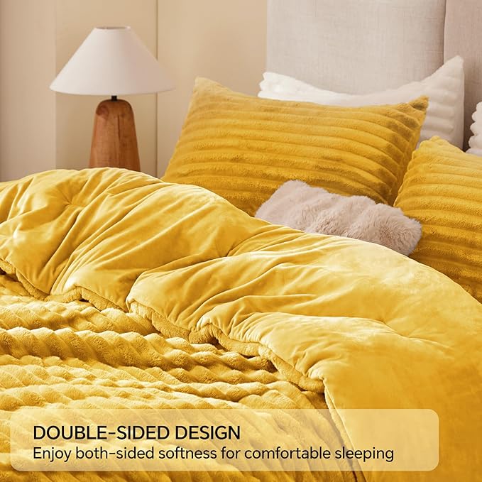 BEDELITE Fleece Twin Comforter Set -Super Soft & Warm Fluffy Mustard Yellow Bedding, Luxury Fuzzy Heavy Bed Set for Winter with 1 Pillow case