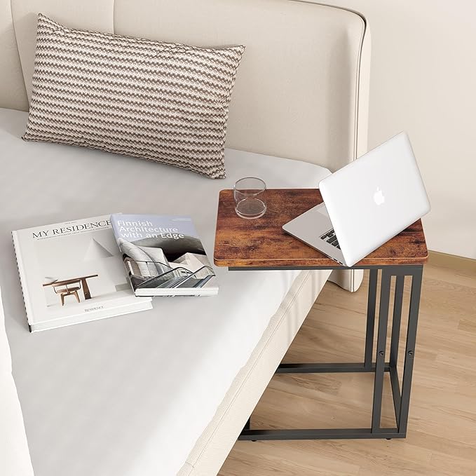 Yusong C Shaped End Table - Slide Under Sofa Couch Bed, Small Table for Small Spaces, Skinny Overbed, Coffee Drink Snack Table for Living Room, Rustic Brown