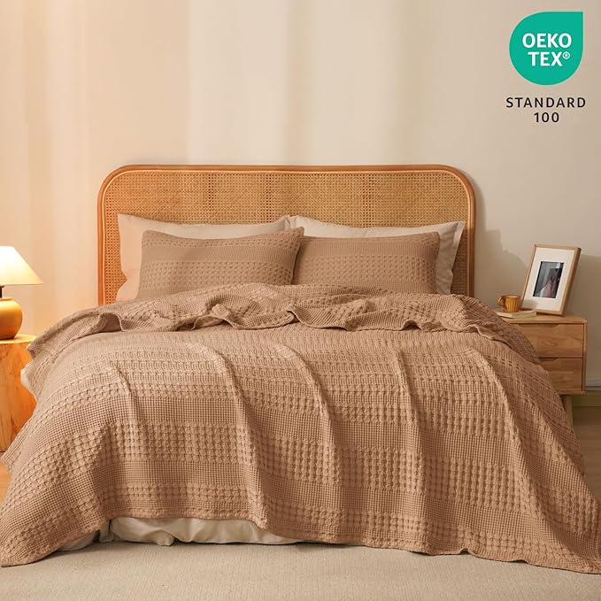 PHF 100% Cotton Waffle Weave Blanket Queen Size for Bed, Soft Lightweight & Breathable, All-Season Comfort, Luxury Aesthetic Woven Bedding for Home Decor, 90"x90", Clay