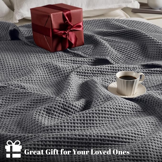 PHF 100% Cotton Waffle Weave Blanket Twin Size for Bed,Snag Proof Lightweight Breathable Moisture-Wicking Throw for Couch,Great for Layering in Cold Weather,Machine Washable,Home Decor Gift-Charcoal