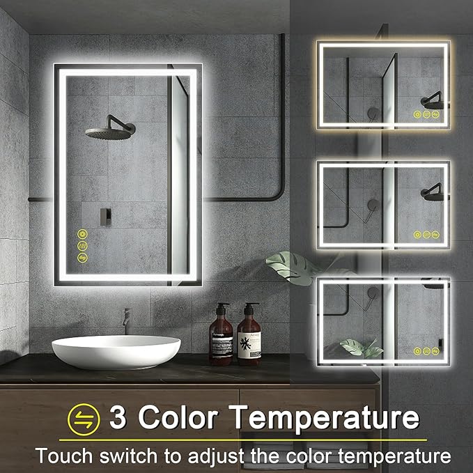 28x36 Inch Bathroom LED Mirror Lighted Bathroom Mirror LED Vanity Mirror with Lights Wall Mounted Anti-Fog Color Dimmable Mirror with Memory (Horizontal/Vertical)