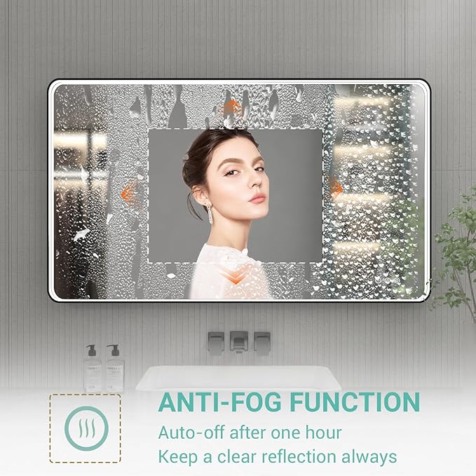 48x28 Inch LED Bathroom Mirror with Lights, Black Metal Framed LED Mirror for Bathroom, 3 Colors and Stepless Dimmable Wall Mounted Lighted Bathroom Vanity Mirror, Anti-Fog, Memory
