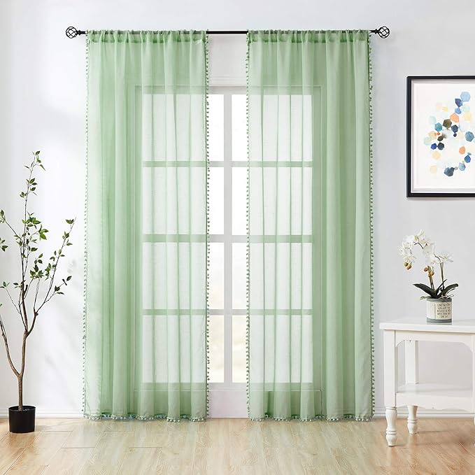 Treatmentex Pom-Pom Sheer Curtains for Living-Room Sage Green 84inch Slub Linen Textured Forest Sage Sheer Drapes for Birthday Party Décor 52" w, 2 Panels Rod Pocket