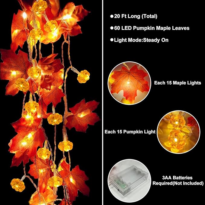 2 Pack & Timer - Thanksgiving Decorations Fall Garland with Pumpkin Lights Fall Decorations for Home, Total 60LED 20Ft Maples Leaves Thanksgiving Lights Battery Operated Indoor Outdoor Christmas Decor