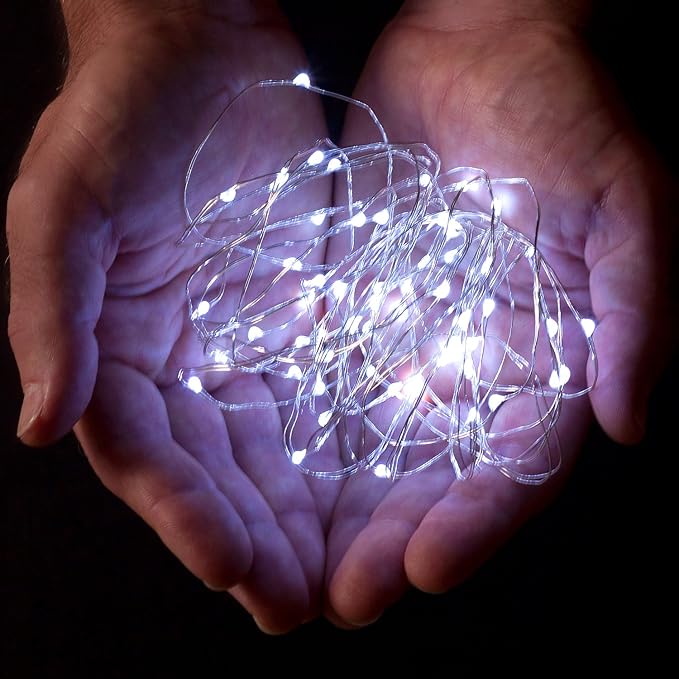 100 LEDs Cold White Color String Lights Plug-in Silver Wire Indoor and Outdoor 32 Feet Firefly Starry Fairy Lights for DIY, Christmas, Holidays, Party, Bedroom and Centerpieces