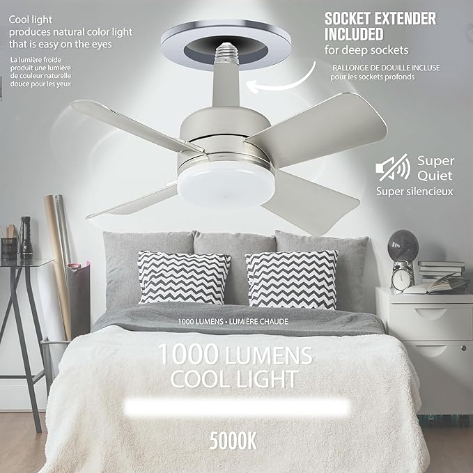 Bell+Howell Socket Breeze Cool Light Deluxe Silver – Ceiling Fans with LED Lights and Remote Control, Replacement for Lightbulb - Bedroom, Kitchen, Living Room,1000 Lumens / 5000 Kelvins
