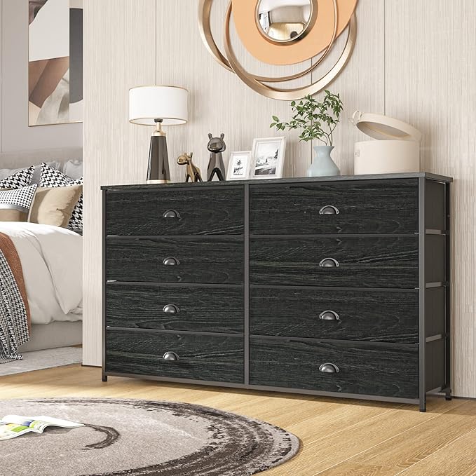 Furnulem Wide Dresser with 8 Fabric Drawers, TV Entertainment Center with Storage for 55'' TV, Large Chest of Drawers for Bedroom, Living Room, Dorm, Closet, Entryway, Wood Top (Black Oak)