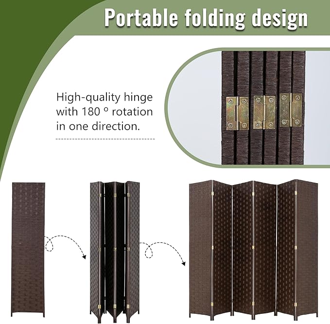 FDW Room Divider Wood Screen 6 Panel Folding Portable Partition Screens Wooden Mesh Woven Design Room Divider for Home Office (Dark Brown)